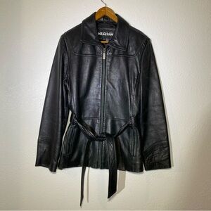 Vintage Kenneth Cole Reaction Leather Jacket Black Zip Belted Biker Women’s M
